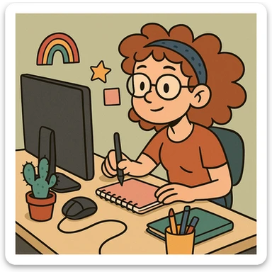 a setup with a computer, a mouse, a pen, and a notebook, creative desk, colorful accessories, artistic vibe sticker