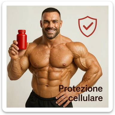 hyper realistic bodybuilder with astaxanthin and shield symbol, sculpted muscles, red bottle, text 'Protezione cellulare', positive atmosphere, light background sticker