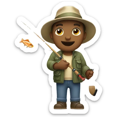 man wearing fishing hat holding fishing rod hooked with large fish sticker