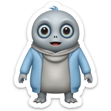 ..it has 1 eye....stands upright ...wears clothing. is light grey and light blue..looks happy and cuddly... doesnt have a full head.... there is a appendage coming out of top of body with a single large eye sticker