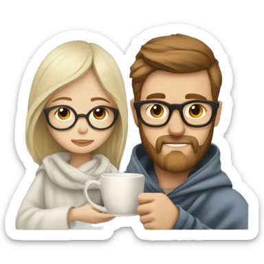 Pale blonde girl wearing glasses and bearded brown haired man drinking tea under blanket sticker