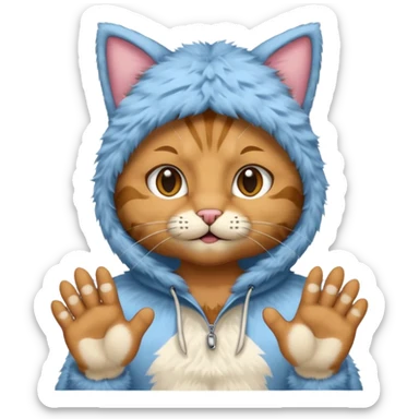 A man wearing cat clothes  and showing his paws sticker