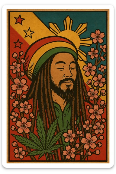 Vintage poster of an Asian Rasta with long dreadlocks, peaceful eyes, and a red-gold-green tam. Surrounded by cherry blossoms and ganja leaves. Background blends Rasta colors into an Asian flag (e.g., red sun from Japan or Chinese star). Retro reggae fusion vibe, with bold lines and aged paper texture. Philippines 
 sticker
