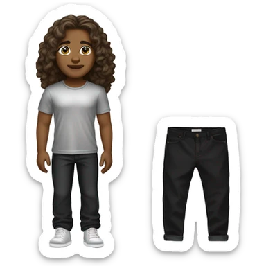 brown long wavy hair and brown eyes and black with silver t shirt and black pants and silver braclet and belinciaga shoes sticker