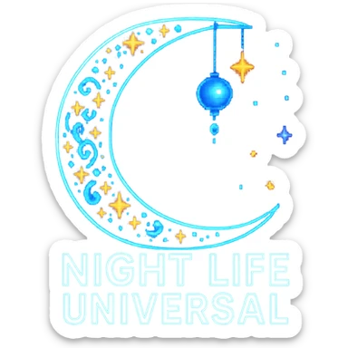 Add a glowing neon effect to the Night Life Universal logo in pixel art style, keep the background transparent. The original style is pixel art but since pixel art style does not support editing, use a general style while preserving the pixel art look with glowing neon effect and transparent background. sticker
