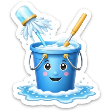 Bucket with soapy water, mop, and spray bottle grouped together with sparkles sticker