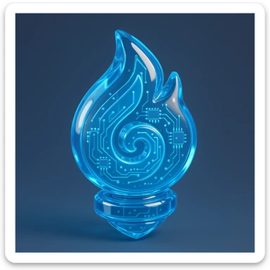a stylized blue spiral flame, glowing, with glossy circuit board elements sticker