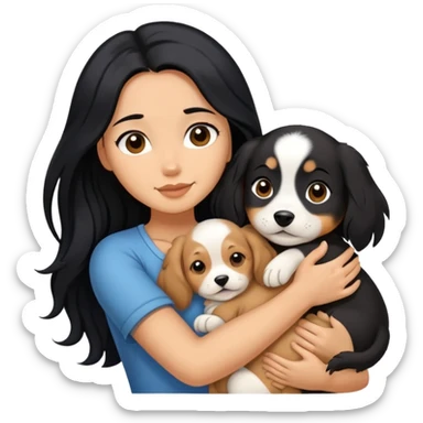 A woman with long black hair hugs a puppy tightly sticker