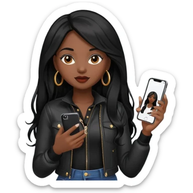 influencer girl black long haired, phone in hand, recording herself, confident, trendy, sticker