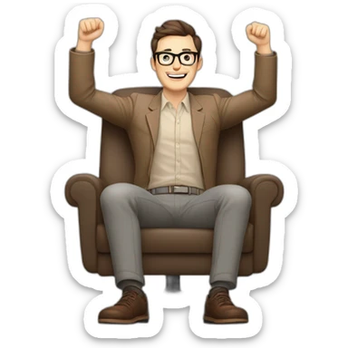 Joyful Celebrating victory Hands up Pale skinned Fit Man With dark brown hair in gray jacket, beige office shirt, Brown pants and vintage glasses sitting In a soft chair sticker