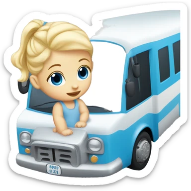 Baby Blonde hair blue eye baby playing with toy bus sticker