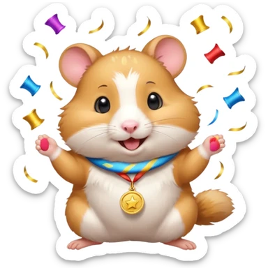 Cute cartoon-style hamster throwing confetti, holding a tiny medal, joyful expression. Painterly shading, white background, sticker-style illustration sticker
