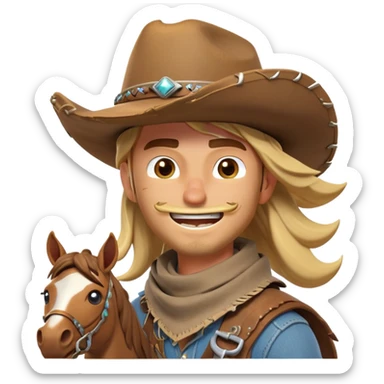 clash-of-clans-aesthetic_-cinematic-playful-cowboy-portrait-emoji, head-tilted with a roguish, cheeky grin and twinkling eyes, featuring a rugged, spirited build with a wide-brimmed cowboy hat and a weathered bandana on tan skin, riding a powerful galloping horse with dynamic flowing mane, reins gripped firmly in one hand and a lasso in the other, as dust swirls behind them in a vast desert landscape. sticker