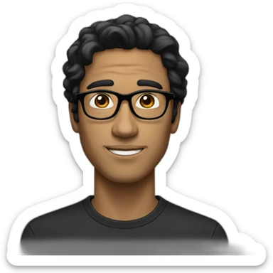 Beige guy, black eyes, black long wavy hair, no facial hair, thin long nose, round glasses, black t shirt sticker