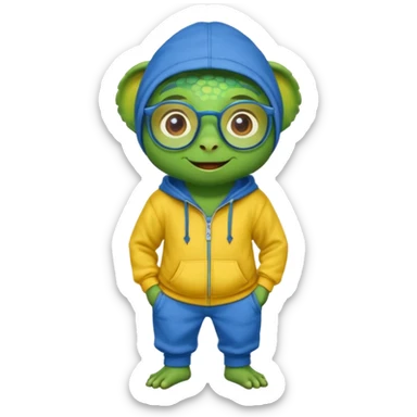 un camaleon tipo emoji con colores brillantes con unos lentes puestos, tiene pantalones anchos y una sudadera donde tiene escrito "DOPI" y muy sonriente sticker