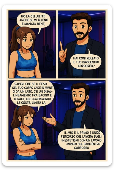 PRENDI SPUNTO DA QUESTO STILE FACENDO UN WEBTOON/MANGA:

LEI: Ho la cellulite anche se mi alleno e mangio bene, cosa posso fare?

LUI: Hai controllato il tuo baricentro corporeo?
LUI: Sapevi che se il peso del tuo corpo cade in avanti o da un lato, c’è un disallineamento fra bacino e torace, che comprimendo le coste, limita la motilità del diaframma e l’ossigenazione dei tessuti?
LUI: Il mio è il primo e unico percorso che lavora sugli inestetismi con un lavoro mirato sul baricentro corporeo. sticker