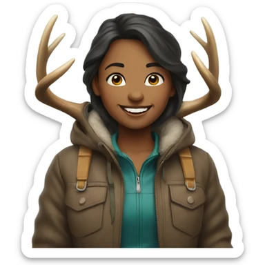 smiling girl outdoors with jacket holding elk horns sticker
