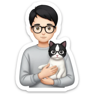A handsome boy wearing a sweatshirt, black hair and glasses is holding a white cat sticker