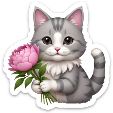 Cute cat Handing pink peonies like reaching a hand and handing them out a bouquet of them not a physical hand the cats hand  make the cat fluffy and grey and white fluffier sticker