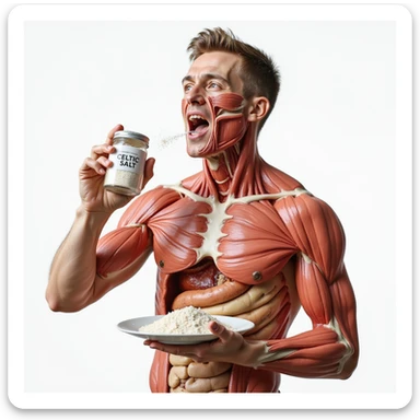hyperrealistic 4K medical illustration of an anatomically accurate human body holding a jar labeled 'CELTIC SALT', throwing salt into his mouth during breakfast, neutral clear background, extremely detailed and realistic sticker