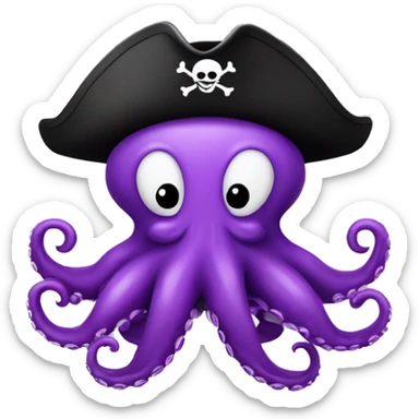 A purple octopus wearing a pirate hat, has a mustache, headshot only, is smiling sticker