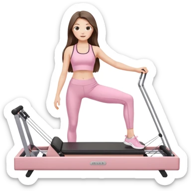pretty white brunette teen long hair with hazel eyes and a small waist in light pink workout clothes on a pilates reformer sticker
