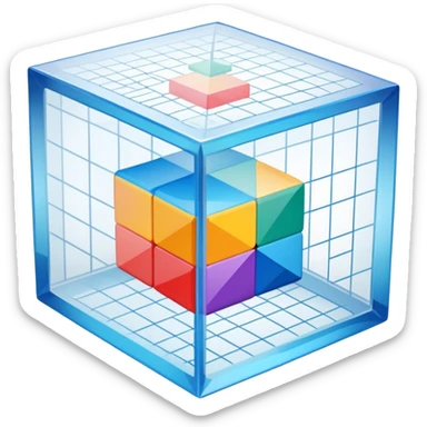An icon featuring a transparent cube with geometric sections and mathematical calculations, symbolizing the study of mathematics. The design includes algebraic formulas, graphs, and mathematical symbols, representing advanced mathematical concepts and problem-solving. Transparent background sticker