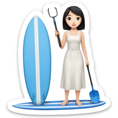 Princess who wearing white dress (woman) black hair holding her phone with her hand and holding long shovel with another hand. Under her feet, there is one blue surfing board. sticker