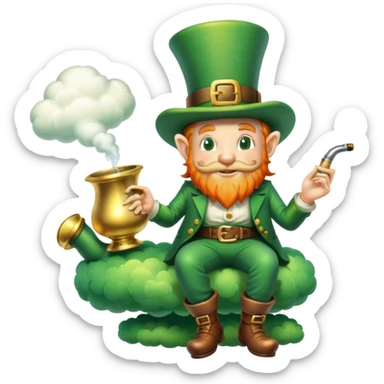 “BOL SANSLAR SVJ BARIS” A leprechaun floating on a cloud, smoking a pipe, dreamy, with raised typography and a leprechaun next to him.A classic slot machine with a metallic body, 

 sticker