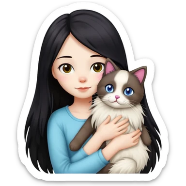 Girl with straight black long hair hugging a colorpoint ragdoll plush toy and a tricolor long-haired cat sticker