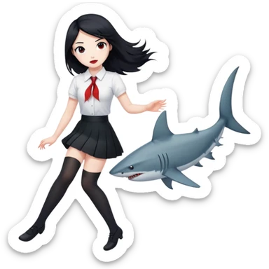 A girl in a white shirt, a black skirt and stockings with black hair, but there are glimpses of red on some areas of hair and also with a shark tail sticker