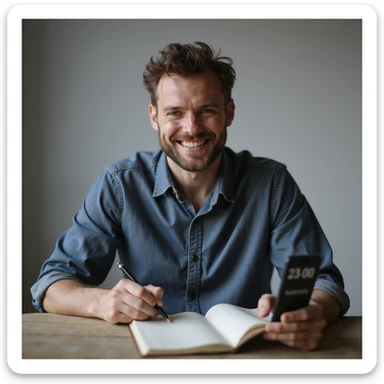 hyperrealistic 4K image of a man marking in a journal the completion of a 23-hour fast, smartphone with timer '23:00', satisfied and relaxed expression, minimalist environment sticker