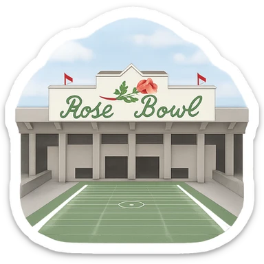 Remove all yellow tint from the Rose Bowl Stadium emoji. Make the colors neutral and true-to-life, with realistic whites and grays for the architecture, accurate greens for the field, and natural sky tones. Do not change the composition, style, or any other details—only correct the color. Keep the iconic sign, lifelike detail, and regal lighting, with a transparent background. sticker