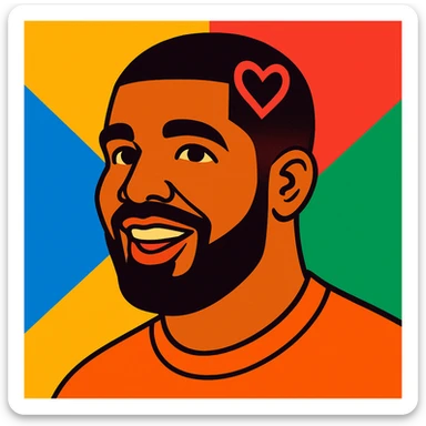 Drake's head with a heart design in his hair, vibrant toon style, colorful, expressive sticker