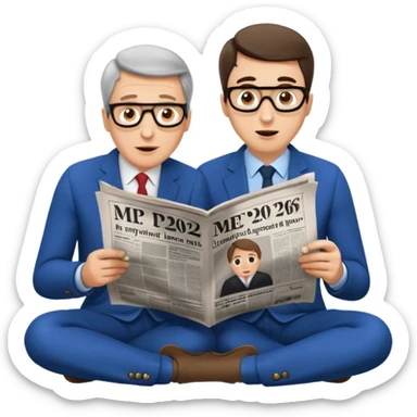 Gérard Larchet et yael braun pivet qui sont assis à genoux et qui lisent un seul et même grand journal et qui semblent émerveillés sur le journal on peut voir marque MEP 2026 au,milieu d’un article  sticker