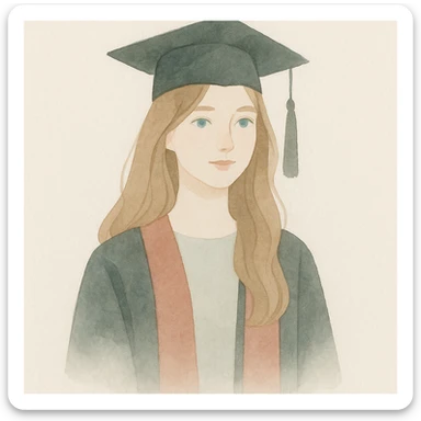 light brown haired girl with long hair, blue eyes, and pale skin wearing graduation regalia, soft watercolor style sticker