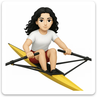 Altındaki tekneyi olimpik kürek sporu için uygun, uzun ve ince yarış teknesi olarak değiştir. Kız siyah uzun dalgalı saçlı, beyaz tenli, kırmızı şort ve beyaz kısa kollu tişörtle olimpik kürek sporu yapıyor sticker