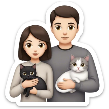 brunette girl brunette man holding a white and black cat and two gray cat sticker