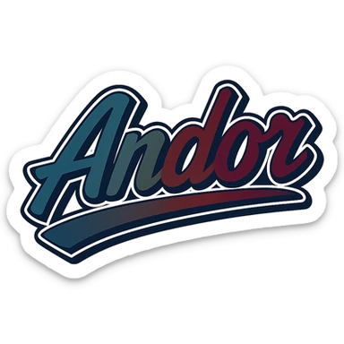 Andor name in modern, dynamic font with masculine gradient colors (blue, green, gray, dark burgundy, brown, dark blue shades), thin white outline, dark outer outline, underline, 1000x1000 px, PNG, transparent background, in the style of Péter sample image sticker