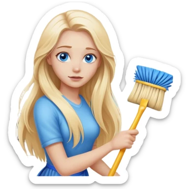 Cinematic realistic blonde with long hair, blue eyes cleans the room sticker