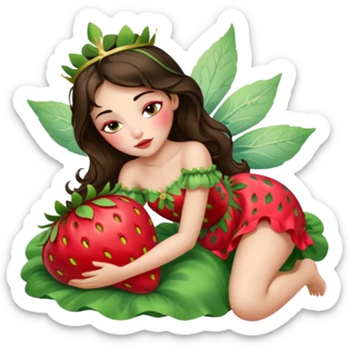 sleeping beauty brunette white girl with a silk pillow strawberry dress with her face painted fairy strawberry styles on top and her dress drawstring with a strawberry  sticker