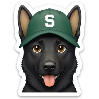 Black German shepherd wearing a Michigan state spartan hat sticker