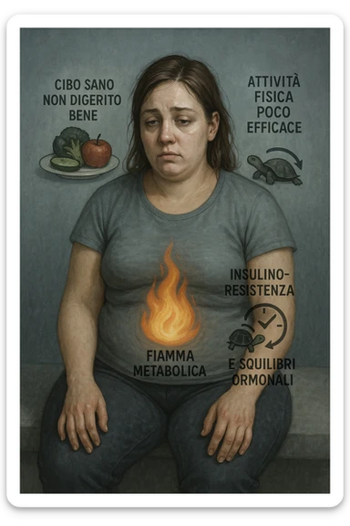 Donna tra i 25 e i 35 anni con fisico leggermente gonfio e postura affaticata, seduta con sguardo stanco. In trasparenza sul suo corpo, si vedono elementi simbolici: una fiamma metabolica molto piccola nel centro dell’addome, una tartaruga accanto a un simbolo di orologio rallentato, indicatori visivi di insulino-resistenza e squilibri ormonali. Intorno a lei: cibo sano non digerito bene, attività fisica poco efficace. Colori spenti attorno al corpo, con toni freddi e lentezza visiva. Stile realistico con elementi infografici e simbolici integrati IN ITALIANO sticker