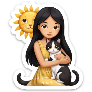 A beautiful girl with long black hair wearing a sun dress hugs a calico sticker