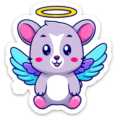 adorable possum with angel wings and halo, surrounded by stars and hearts, Lisa Frank colors sticker