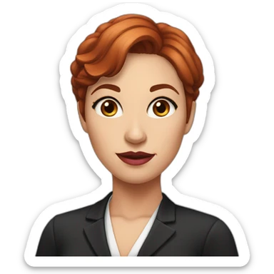 Female lawyer with cateye eyeliner ,brown eyes, plumped pink mouth and slightly red hair sticker