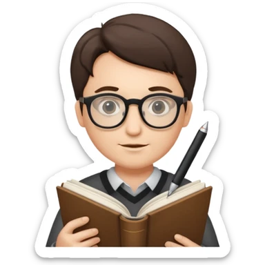 writer holding big pen in hand and book in other hand, wearing glasses sticker