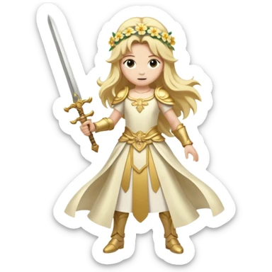 Lumine (from Genshin Impact) White and golden clothes, blonde, long-haired, with a big flower hair clip, and wielding a sword (full body) sticker