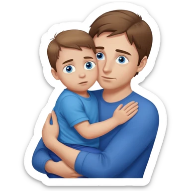A white man brown hair, blue narrowed eyes with a small child with fair hair and blue eyes in his arms is peeping, the emphasis is on the eyes, white skin sticker