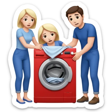 Eine Frau mit dem in der Waschmaschine feststeckt und zwei Männer die hinten an ihr ziehen um ihr zu helfen  sticker